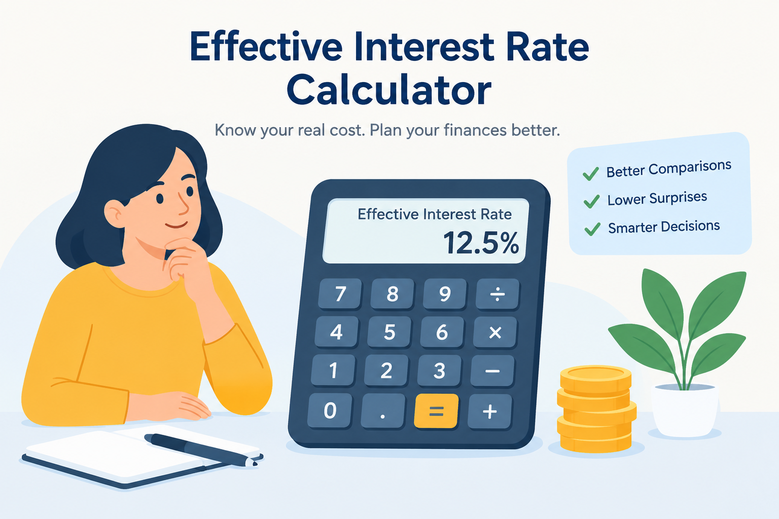 Effective Interest Rate Calculator to calculate annual interest rates, understand loan costs, compare interest rates, and make smarter financial decisions.